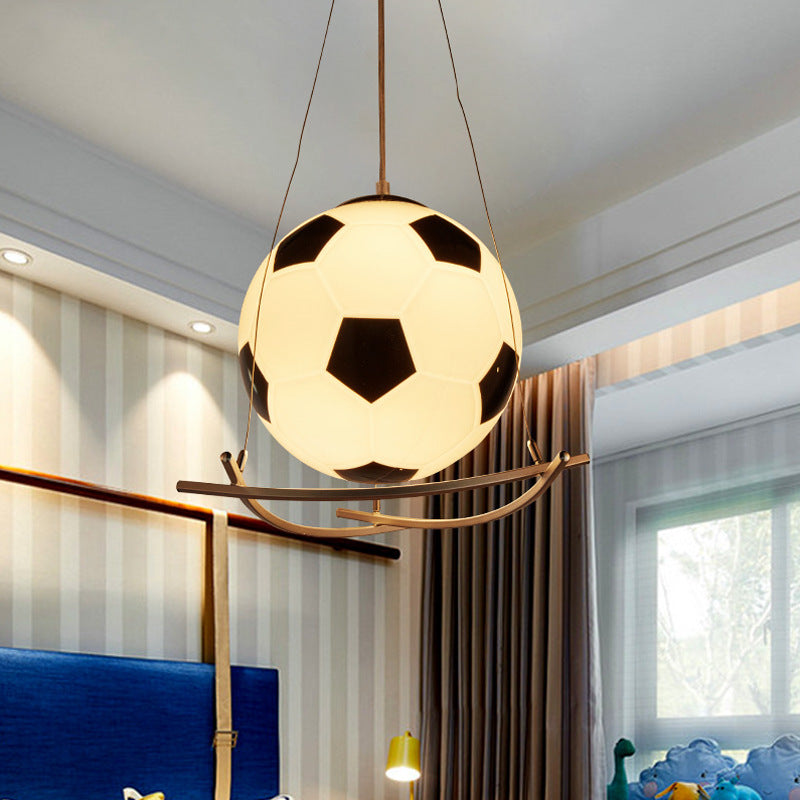 Contemporary Creative Kids Cartoon Soccer Glass Aluminum 1-Light Kids Pendant Light for Bedroom Hanging Fixture Decorative Playroom Ceiling Light Fixture Soccer Theme Kids Room Lighting