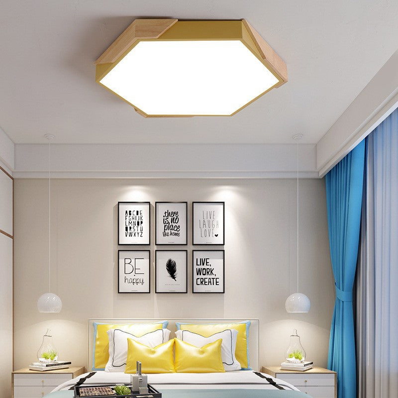 Contemporary Scandinavian Hexagonal Iron Wood Macaron LED Flush Mount Ceiling Light for Bedroom