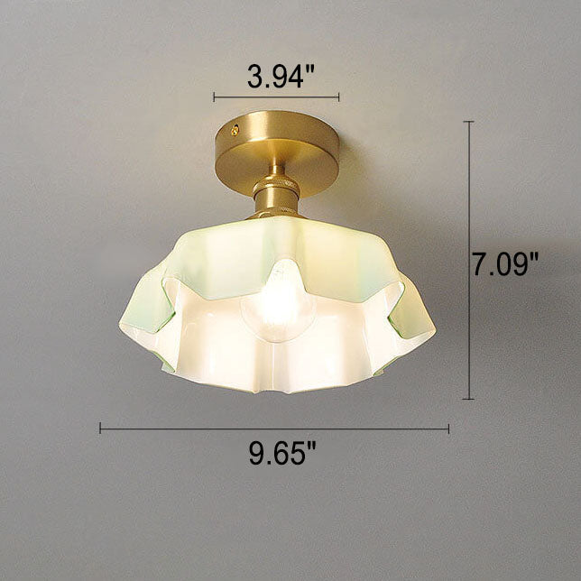 Japanese Vintage Cream Glass Floral Brass Semi-Flush Mount Ceiling Light