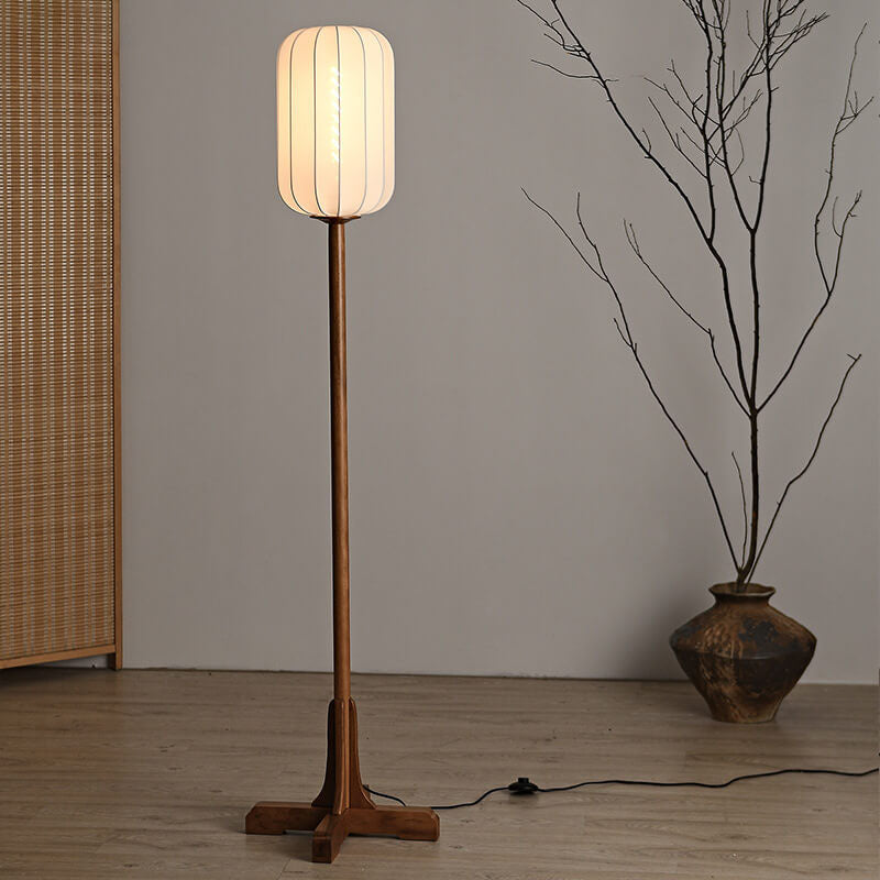 Japanese Zen Rosewood Floor Lamp with Silk Lantern Shade – 1-Light Standing Light, Elegant Home Décor, Asian-Inspired Lighting, Modern Zen Design