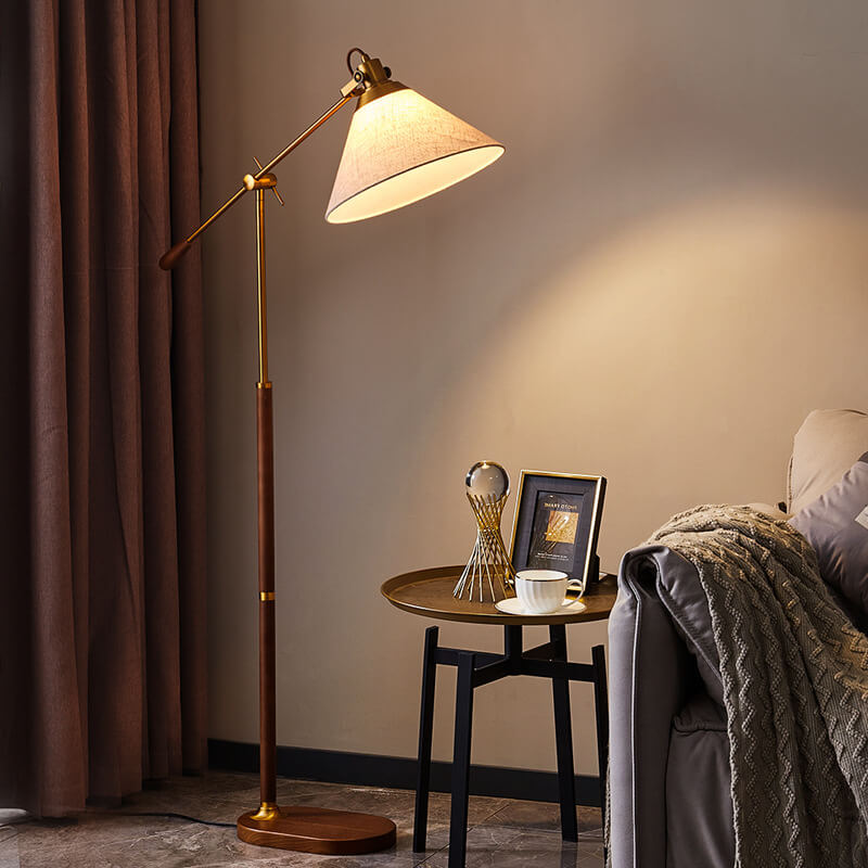Vintage Fabric Cone Floor Lamp, Metal and Ash Wood, 1-Light for Bedroom
