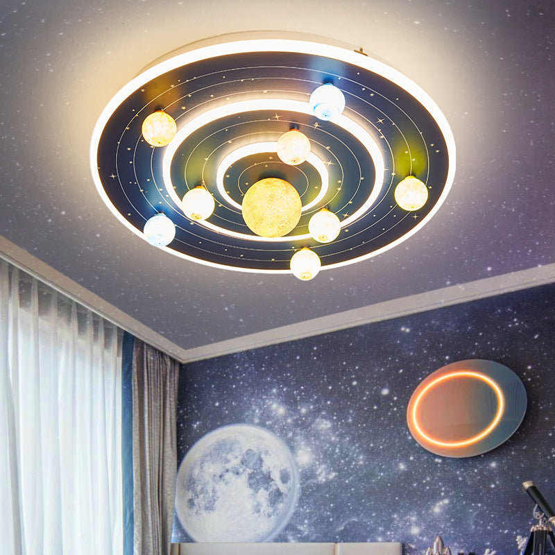 Contemporary Creative Kids Round Planet Iron Acrylic LED Flush Mount Ceiling Light Bedroom Playroom Decoration Childrens Lighting Modern Design Space Theme Ceiling Fixture
