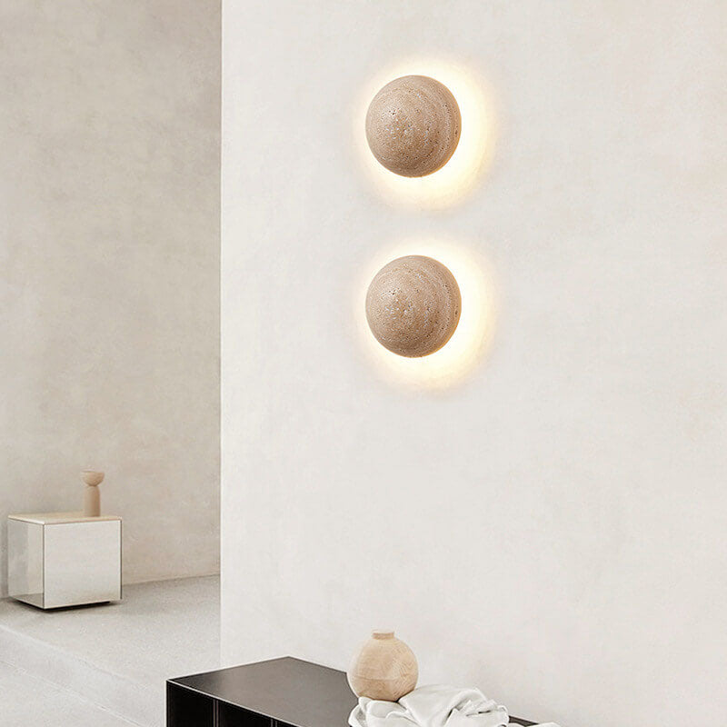 Traditional Japanese Wabi-Sabi Round Yellow Travertine LED Wall Sconce for Hallway