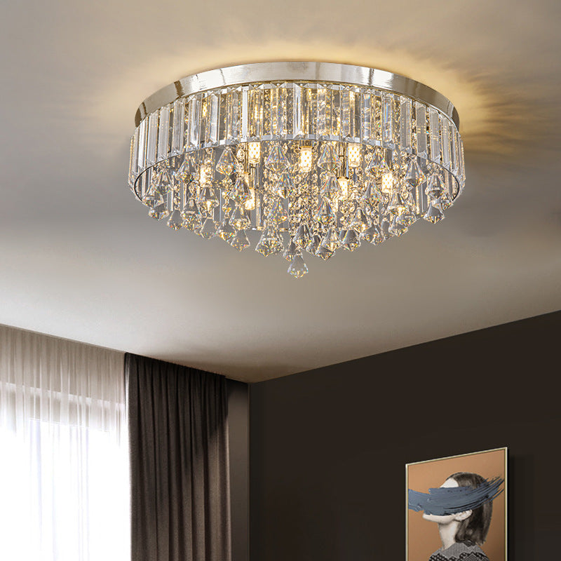 Modern Luxury Round Iron Crystal Beads Flush Mount Ceiling Light 6/9-Light Living Room Fixture
