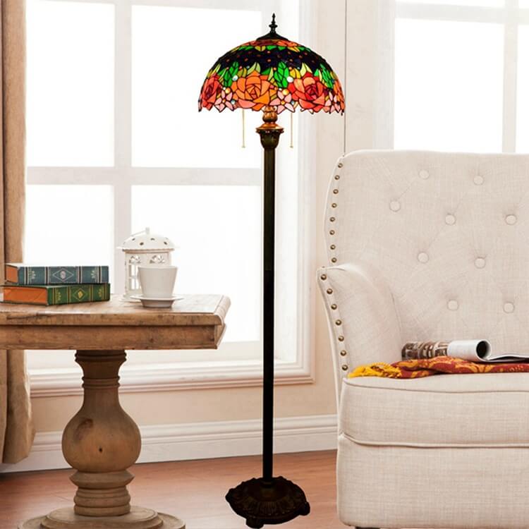 Traditional Tiffany Roses Stained Glass Floor Lamp - 2-Light Dome for Living Room