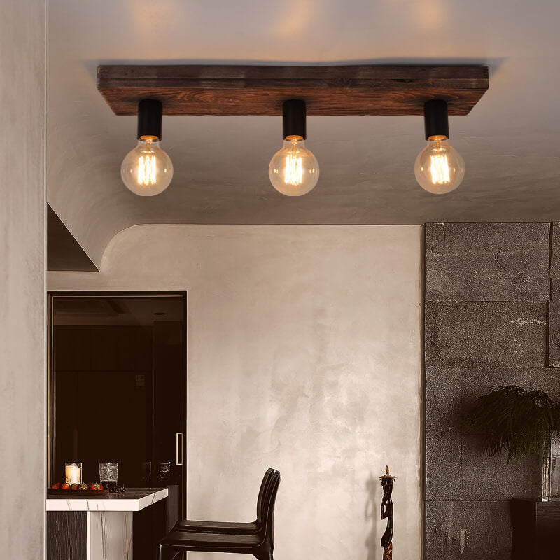 Retro Solid Wood 3-Light Flush Mount Ceiling Light with Glass Lampshade