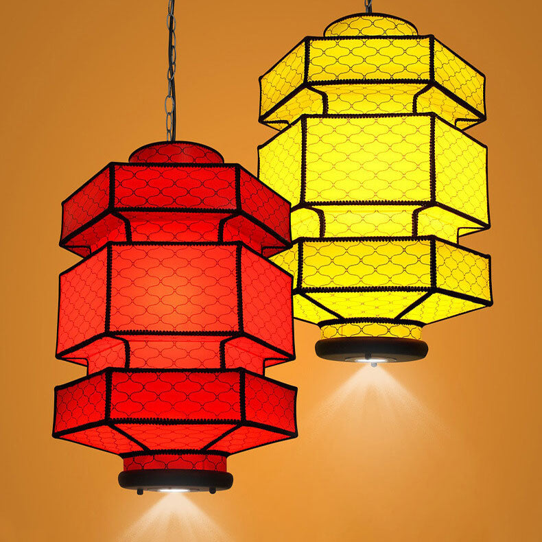 Chinese Retro Hexagonal Faux Sheepskin Pendant Light - 1-Light Iron Fixture
