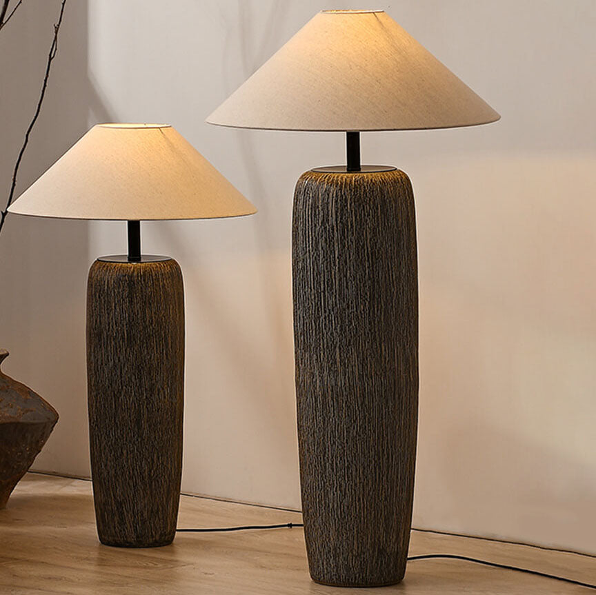 Japanese Wabi-Sabi Ceramic Column Base Floor Lamp - 1-Light Fabric Shade