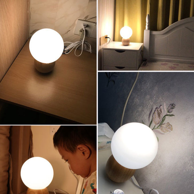 Contemporary Scandinavian Orb Glass Table Lamp - Wood Base 1-Light for Bedroom