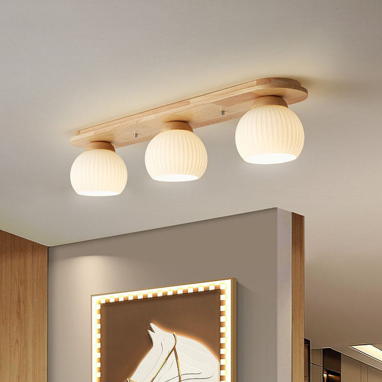 Traditional Japanese Striped Glass Wood Long Plate Flush Mount Ceiling Light