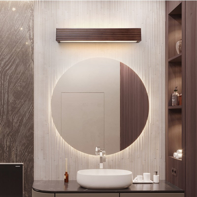 Traditional Chinese Striped Wood LED Vanity Mirror Sconce Lamp for Bathroom