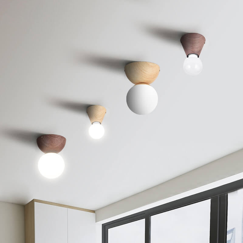 Japanese Minimalist Wood Grain Round Flush Mount Ceiling Light - 1-Light Glass Fixture