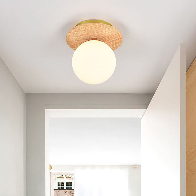 Traditional Japanese Glass Iron Woodgrain Semi-Flush Mount Ceiling Light