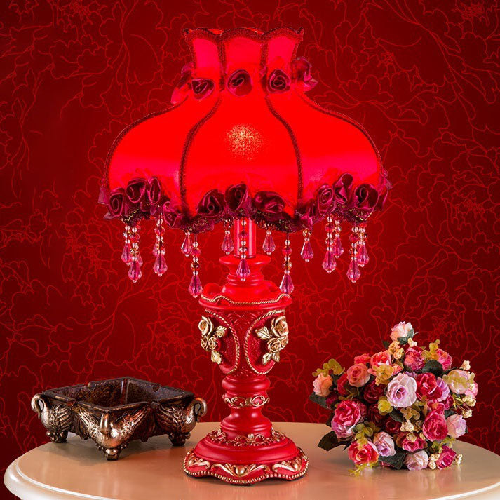 European Wedding Red Fabric Tassel Lamp - 1-Light Resin Table Lamp for Home Decor