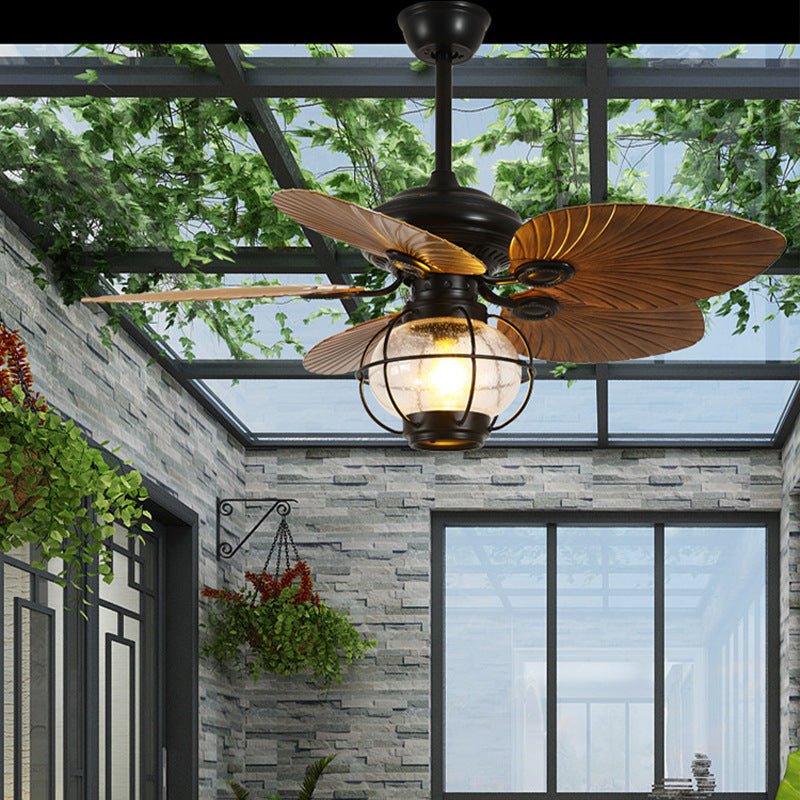Traditional Rustic Lantern Ceiling Fan Light - Banana Shaped Iron & Glass 1-Light, Downrod Style for Living Room