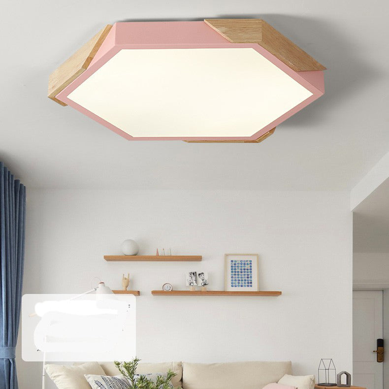 Contemporary Scandinavian Hexagonal Iron Wood Macaron LED Flush Mount Ceiling Light for Bedroom