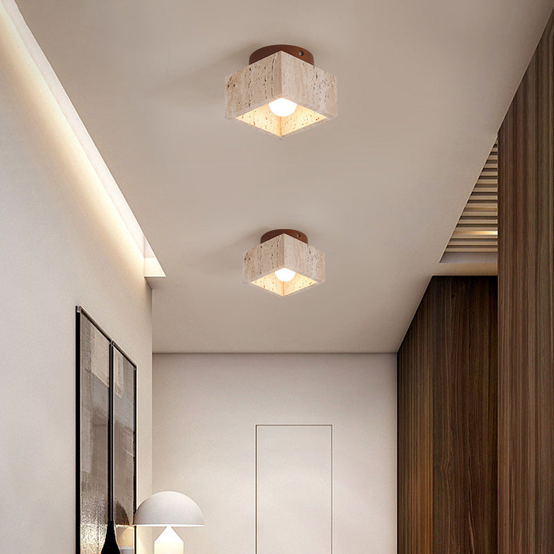 Japanese Wabi-Sabi Yellow Travertine Column Wood Semi-Flush Mount Light