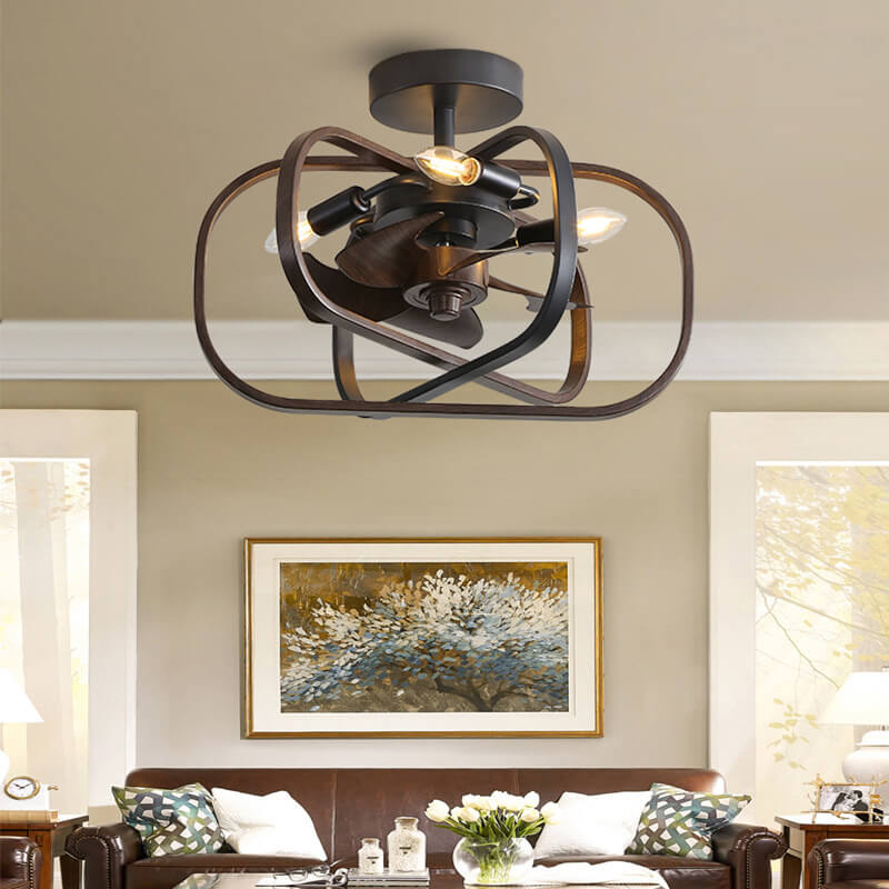 Industrial Minimalist Copper Iron Semi-Flush Mount Ceiling Fan Light - 4-Light Round Square Design