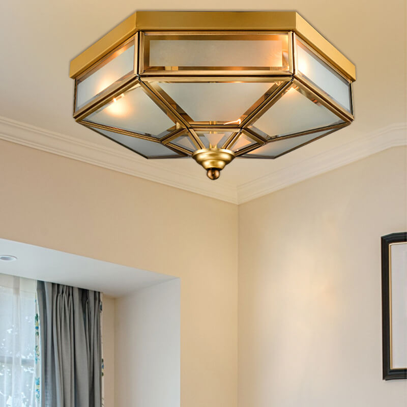 Traditional European Copper Glass Flush Mount Ceiling Light 3/4 Light for Living Room