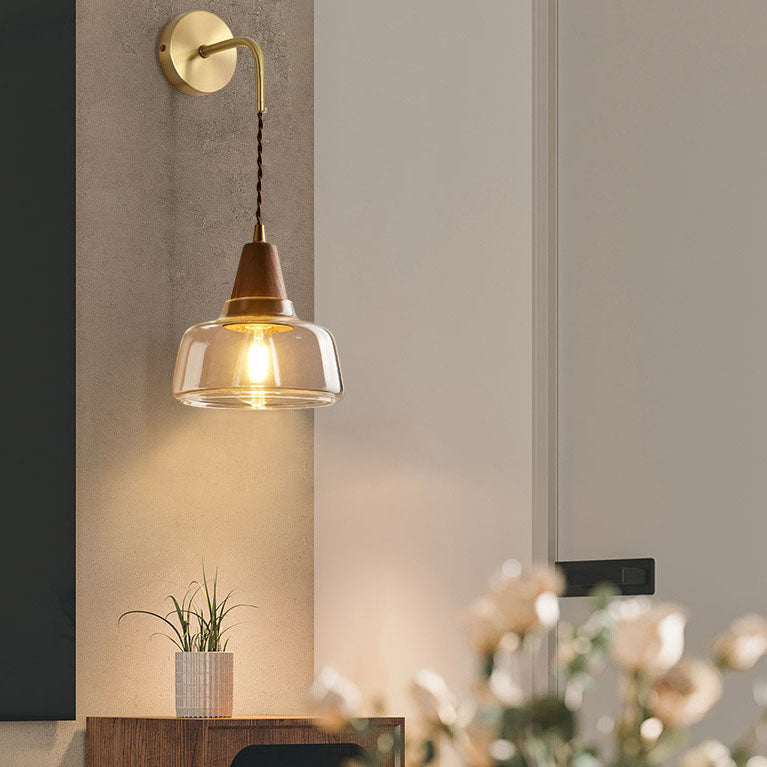 Traditional Japanese Walnut Glass Copper Cylinder Wall Sconce Lamp - 1-Light Elegant Lighting Fixture
