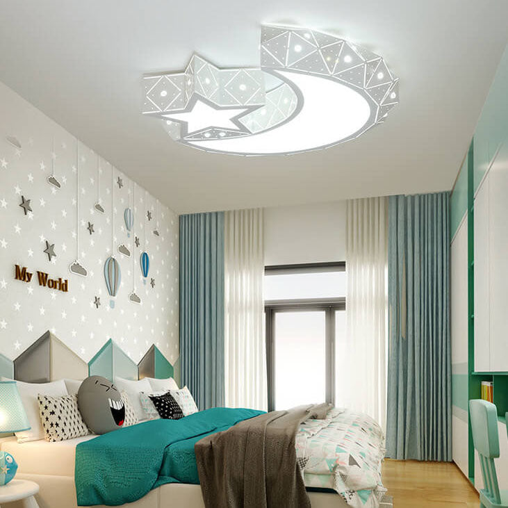 Modern Star Moon Geometric Iron LED Kids Flush Mount Ceiling Light, Baby Room Lighting Fixture, Nursery Ceiling Lamp, Boys Girls Bedroom Decor, Astronaut Space Theme Light, Energy-Efficient Kids Room Illumination, Stylish Flush Mount Design for Children's