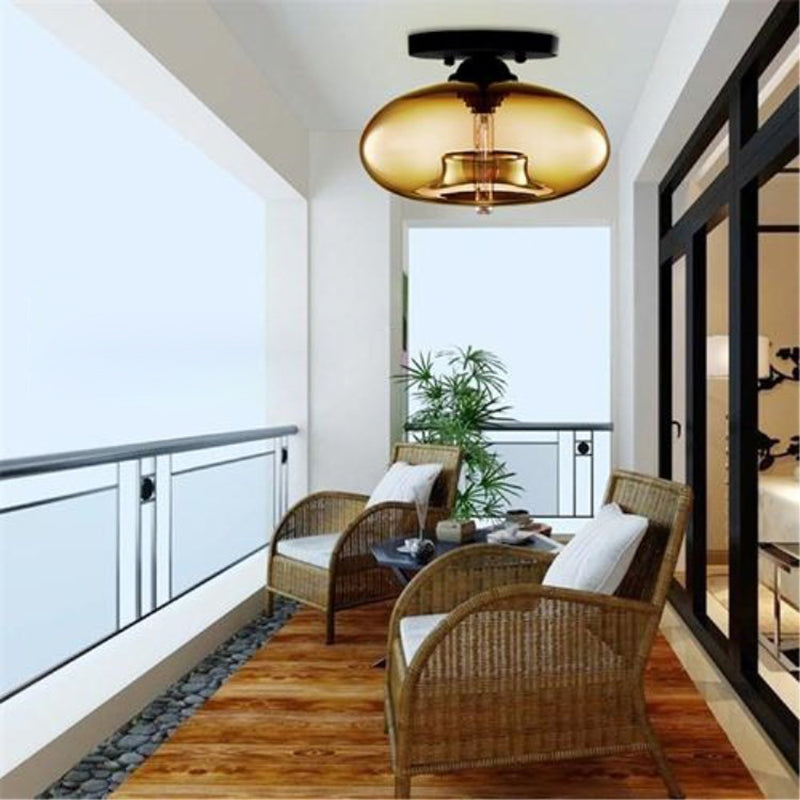 Contemporary Oval Iron Glass 1-Light Semi-Flush Mount Ceiling Light