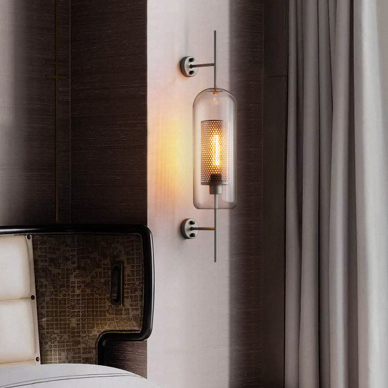 Contemporary Industrial Cylinder Glass Shade Wall Sconce - Iron Finish 1-Light Lamp for Bedroom