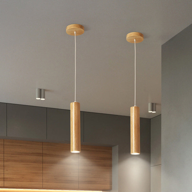 Modern Minimalist Rubberwood Cylinder LED Pendant Light for Bedroom