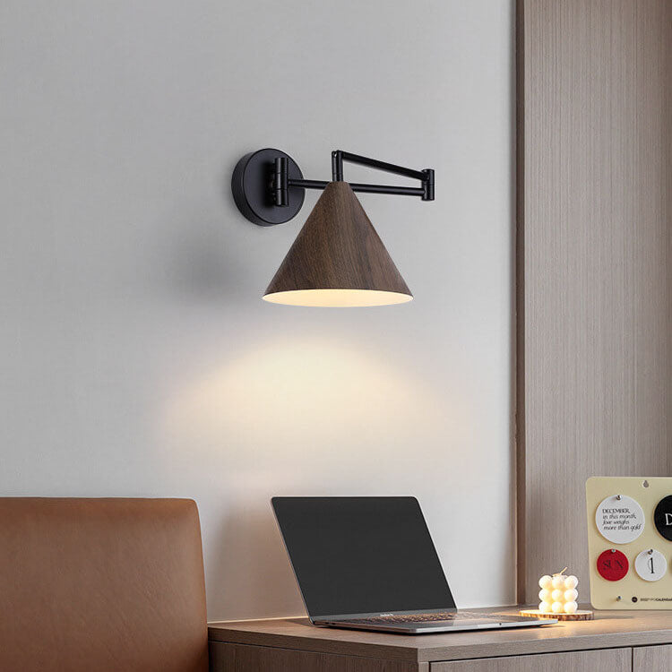 Contemporary Nordic Cone Swing Arm Wall Sconce - Wood Grain Iron 1-Light Lamp for Bedroom