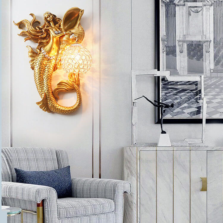 Modern Resin Mermaid Crystal Wall Sconce Lamp 1-Light