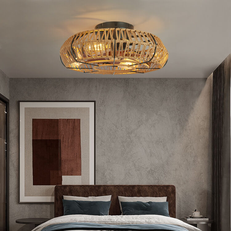 Rustic Round Drum Semi-Flush Mount Ceiling Fan Light - 4-Light Iron & Hemp Rope Fixture for Bedroom