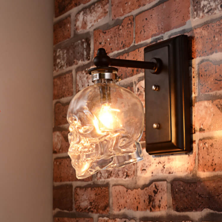 Contemporary Skull Glass Iron Wall Sconce - 1-Light Halloween Lamp for Living Room