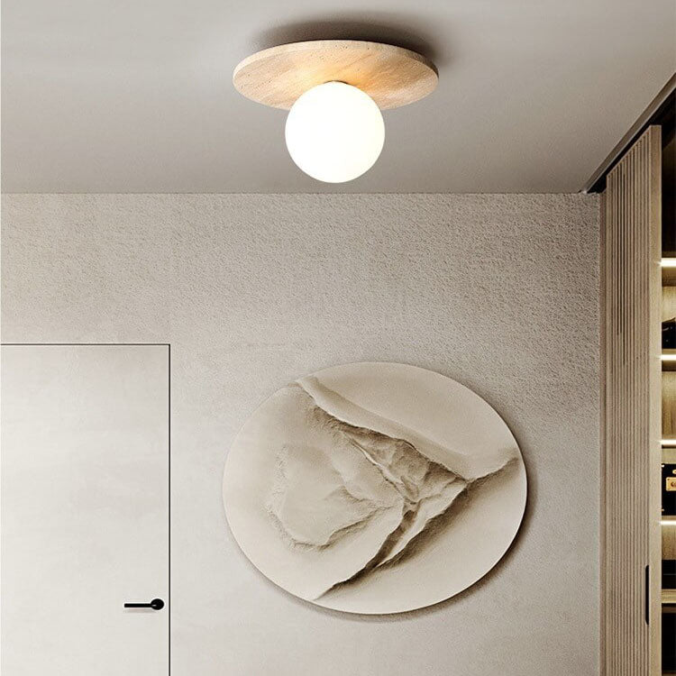 Vintage Round Travertine Flush Mount Ceiling Light - 1-Light Hallway Fixture