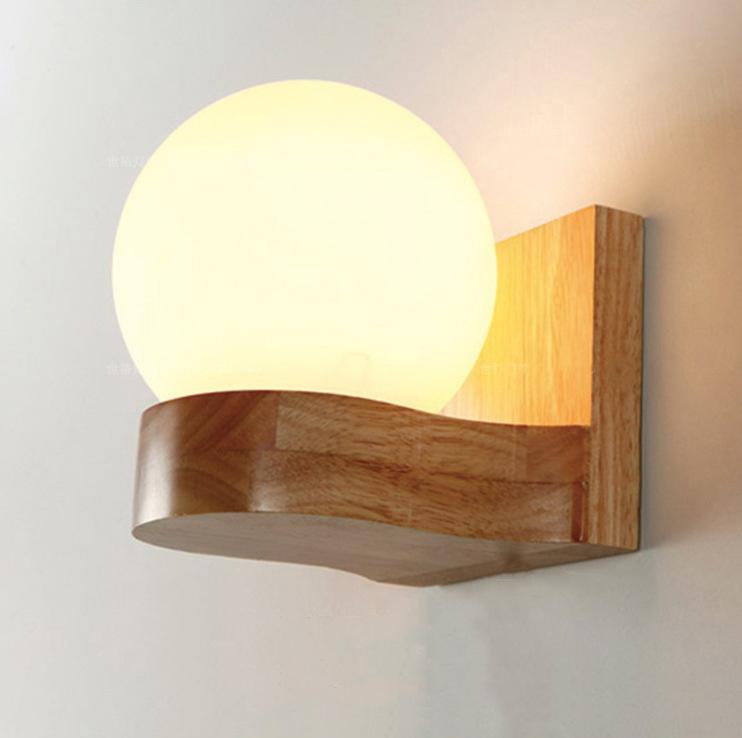 Contemporary Nordic Rubberwood Glass Ball Wall Sconce for Bedroom Lighting