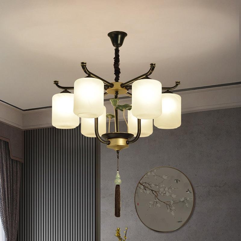 Traditional Chinese Iron Frame Cylinder Glass Shade Chandelier - 6/8/10/12 Lights for Living Room