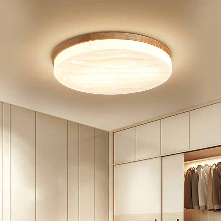 Modern Minimalist Wood Round Shade LED Flush Mount Ceiling Light for Living Room