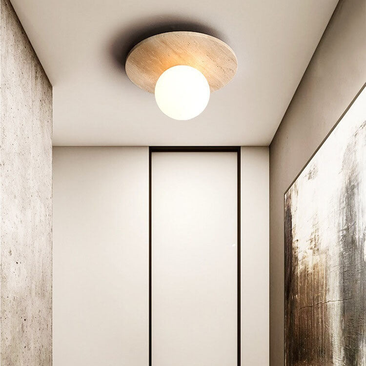 Japanese Minimalist Round Yellow Travertine 1-Light Semi-Flush Mount Ceiling Light