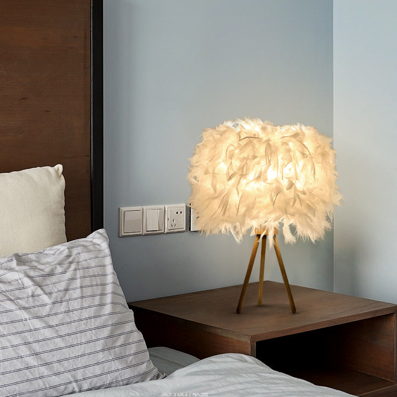 Modern Art Deco Feather Wood Table Lamp - 1-Light Cylinder Design for Bedside