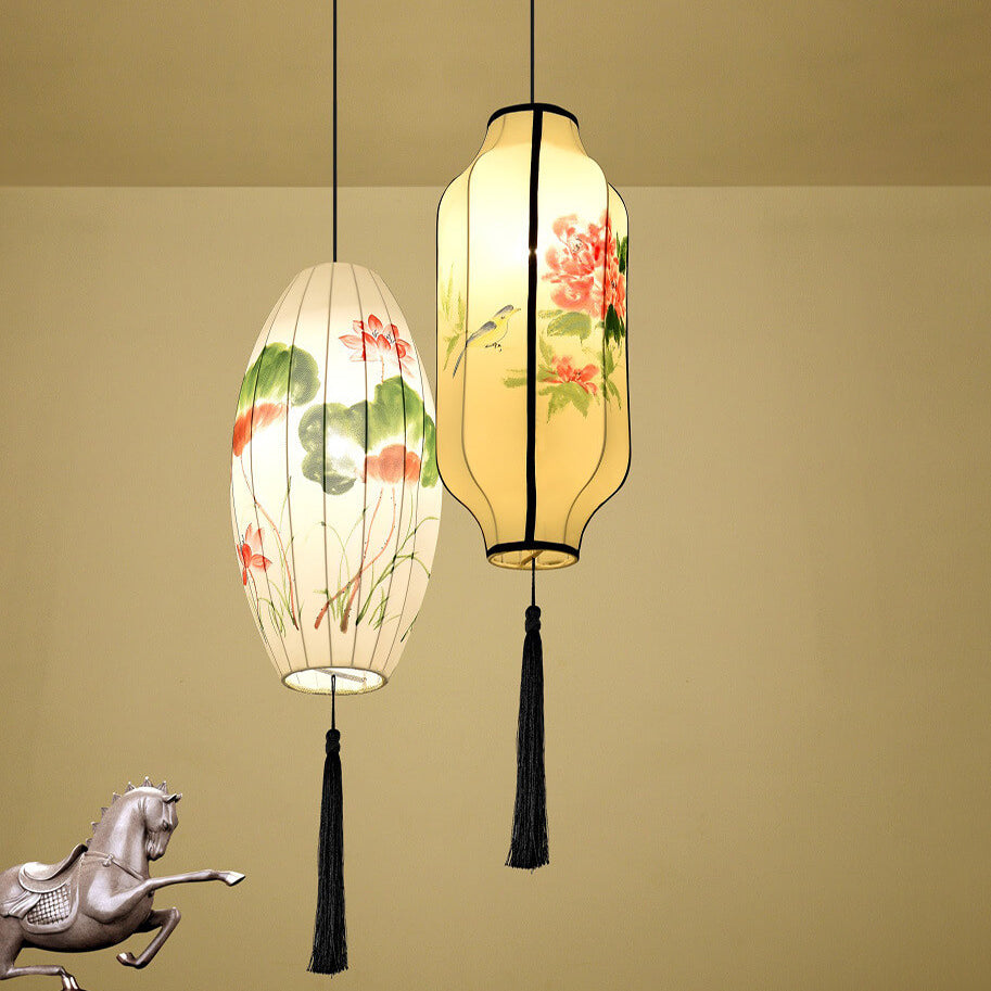 Oriental Antique Handmade Oval Lantern Pendant Light - 1-Light Fabric Fixture
