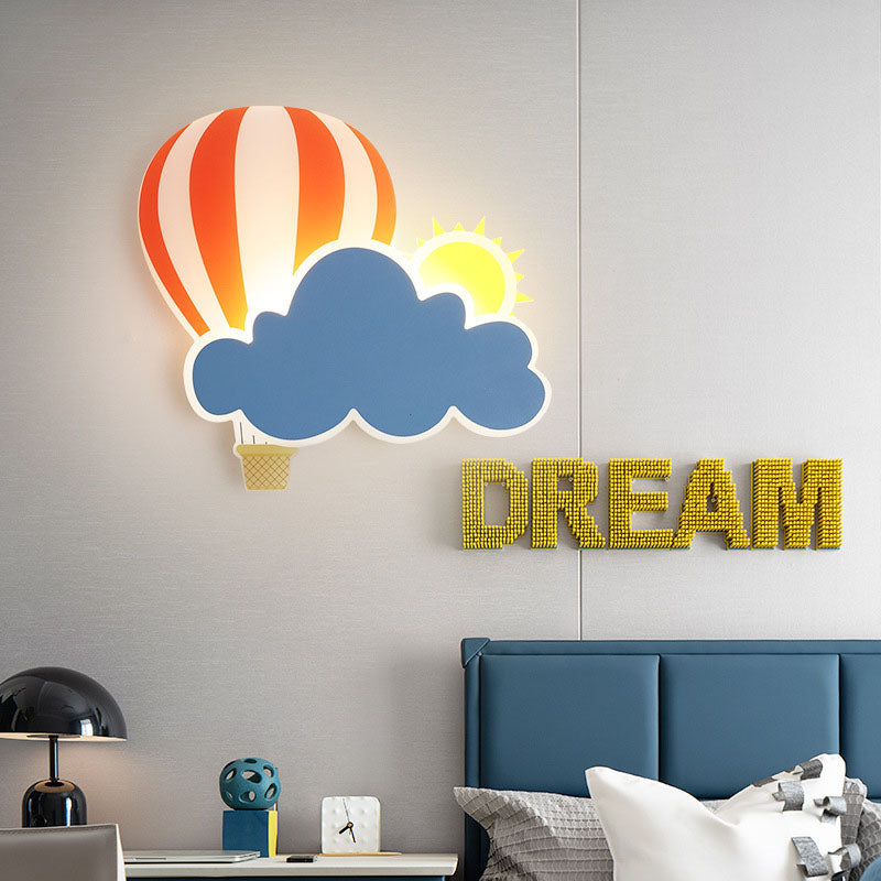 Contemporary Hot Air Balloon Clouds LED Wall Sconce Lamp for Kids Bedroom, Modern Iron Acrylic Wall Light, Cute Nursery Decor, Unique Children's Room Lighting, Cloud and Balloon Design Wall Lamp, Decorative Kids Room Lighting Fixture, Playful Bedroom Wall