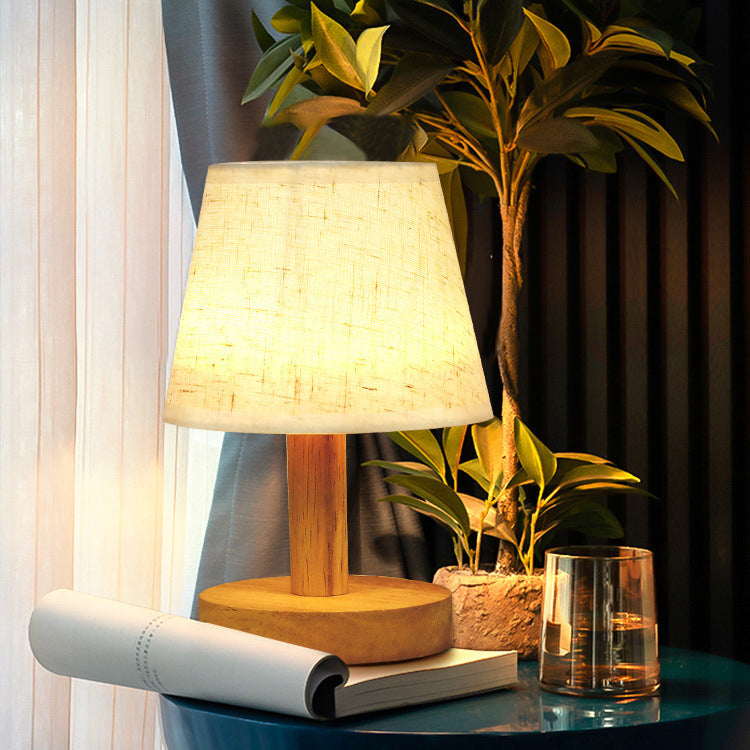 Contemporary Nordic Round Wood Fabric LED Table Lamp Bedroom Modern Lighting Decorative Nightstand Lamp Stylish Home Decor Desk Light Warm White Soft Illumination Eco-Friendly DesignEnergy-Saving Bedroom Accent Lighting