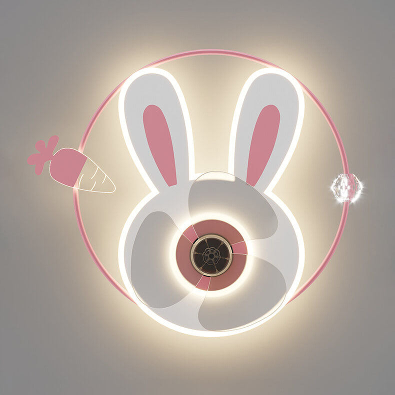 Cartoon Creative Bunny Carrot LED Flush Mount Ceiling Fan Light for Kids Room, Playroom, Nursery, Childrens Ceiling Fan Light Fixture, Cute Bunny Design, Energy Efficient LED Lighting, Adjustable Brightness, Modern Ceiling Fan Light for Kids Decor