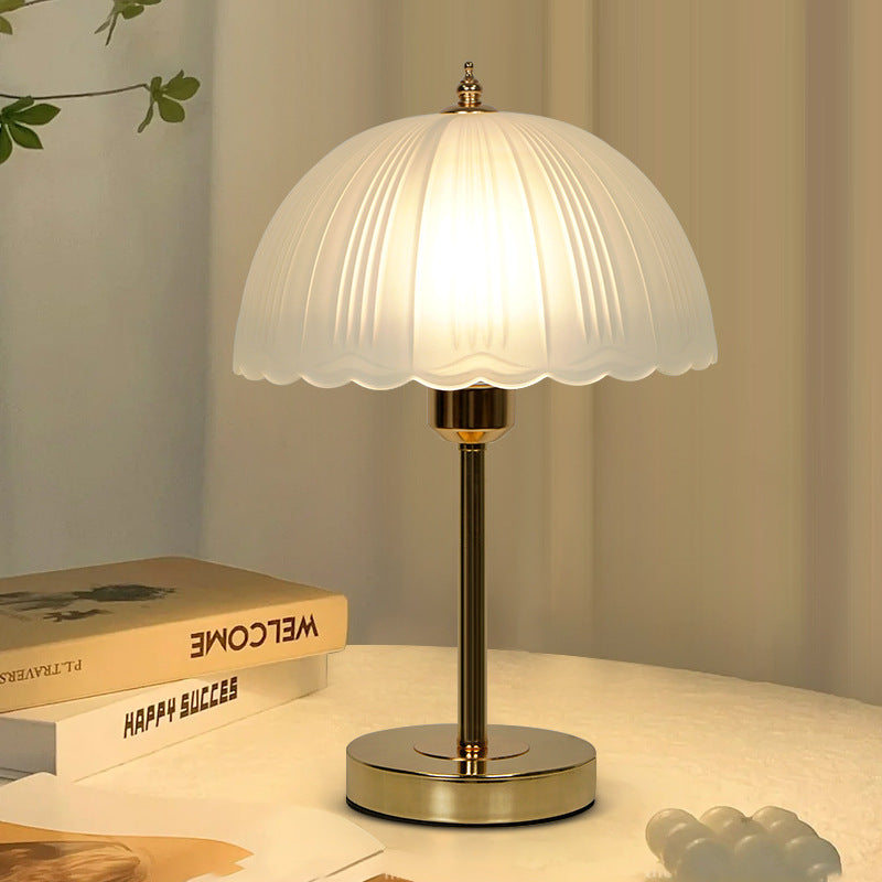 Contemporary Nordic Iron Glass Dome Petal 1-Light Table Lamp for Bedside, Modern Scandinavian Desk Lamp, Minimalist Nightstand Lighting, Stylish Home Decor, Unique Petal Design, Elegant Glass Shade, Warm LED Table Lighting, Chic Bedroom Accessories, Decor