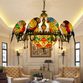 Traditional Tiffany Metal Glass Dome Parrot Chandelier 11-Light for Living Room