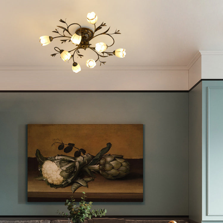 Traditional French Flower Shaped Iron Glass Semi-Flush Mount Ceiling Light for Bedroom - 4/6/8/10/12 Lights