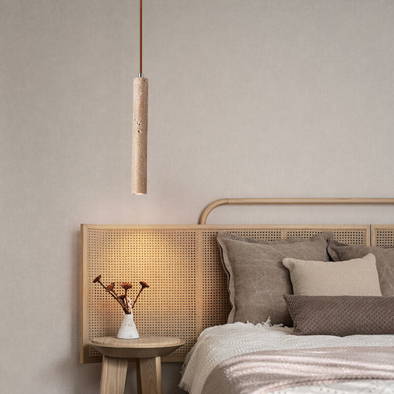 Japanese Wabi Sabi Yellow Travertine Pendant Light | 1-Light Cylinder Design