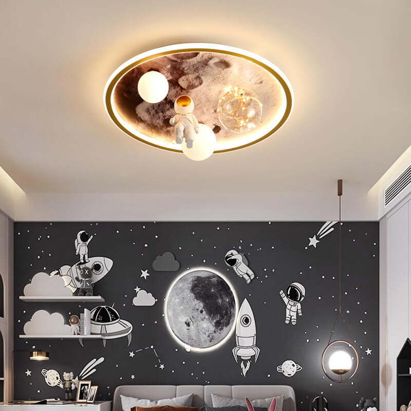 Children's Cartoon Astronaut Moon Acrylic LED Flush Mount Ceiling Light for Kids Room, Space Theme Bedroom Lighting, Cute Astronaut Design, Kids Night Light, Durable & Energy Efficient Ceiling Fixture, Ideal for Nursery & Playroom Decor