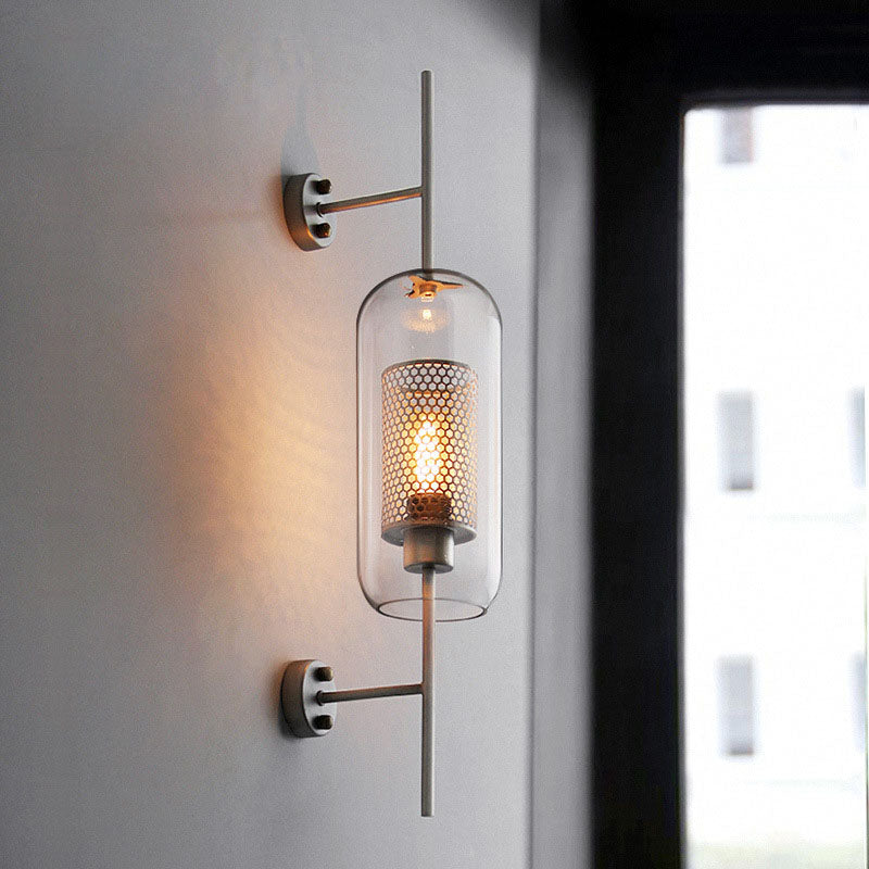 Contemporary Industrial Cylinder Glass Shade Wall Sconce - Iron Finish 1-Light Lamp for Bedroom