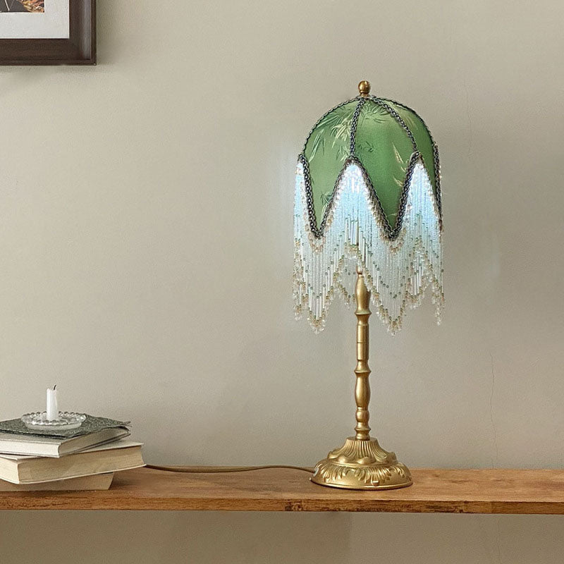 Traditional French Tassel Leaf Iron Fabric 1-Light Table Lamp for Bedroom, Elegant Decorative Lighting, Vintage Style Nightstand Lamp, Home Interior Design, Bedroom Essentials, Classic Iron Lamp with Shade, Decorative Tassel Design, Stylish Ambient Lighti