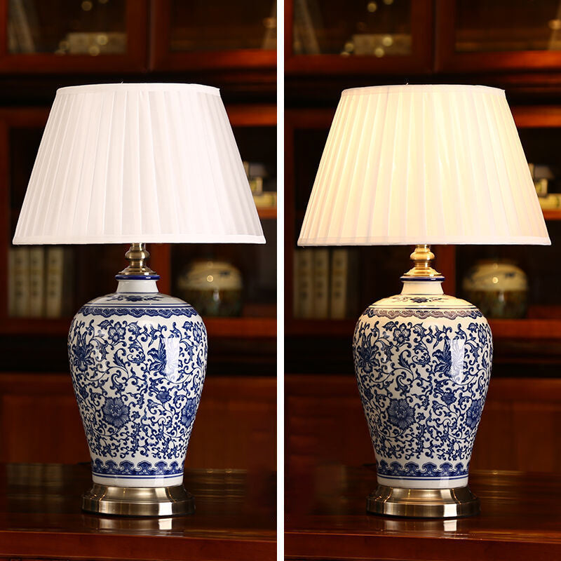 Traditional Chinese Ceramic Fabric Electroplated Antique Brass Finish Cone 1-Light Table Lamp Home Office Decorative Lighting Modern Feng Shui Accent Piece Elegant Nightstand Lamp Classic Design for Living Room Bedroom Study